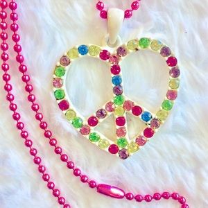 Heart💜crystal peace sign necklace reverses valentine rainbow/White enamel